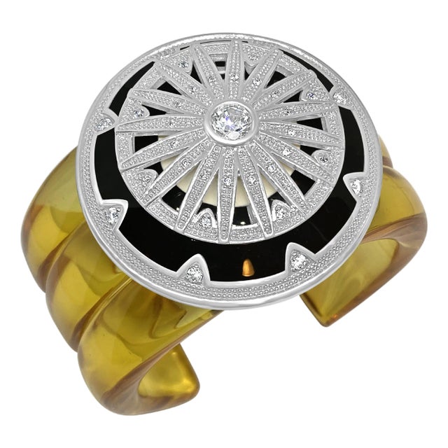 Miriam Salat 'MIRIM' Art Deco Cuff Set In Sterling Silver & White Topaz For Sale