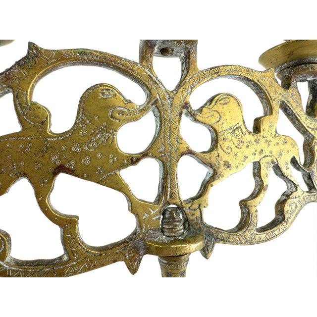 1970s Ornate Vintage Brass Five-Arm Candelabra With Stylized Lions and Hand-Etched Detail For Sale - Image 5 of 16
