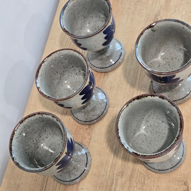 Mid 20th Century Mid 20th Century Otagiri Mid Century Modern Blue Floral Stoneware Chalice Pedestal Goblets Wine Glasses - Set of 5 For Sale - Image 5 of 9