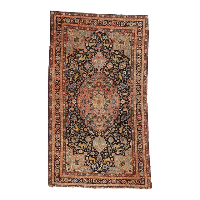 Antique Black Persian Tabriz Hunting Rug - 03'11 X 06'09 For Sale