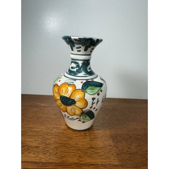 Hand Painted Ceramic Floral Vase Small Decorative Pottery Green Yellow 6in For Sale - Image 4 of 8