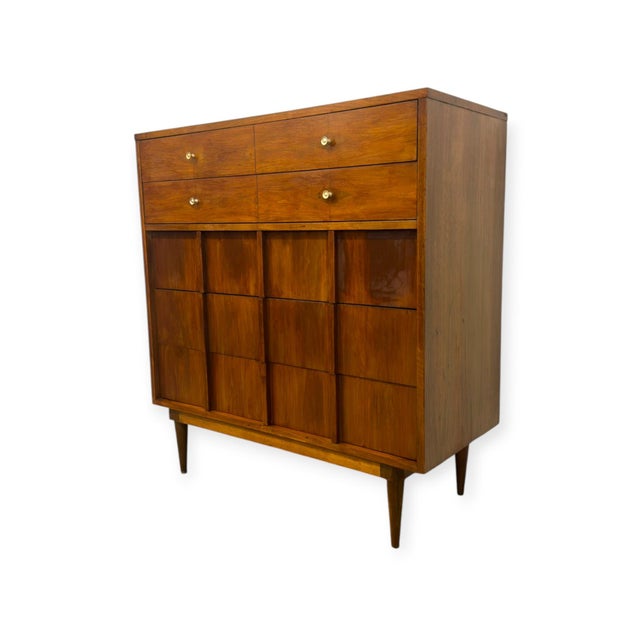 Mid-Century Modern Vintage Mid-Century Modern Highboy Dresser Dovetailed Drawers Brass Finished Pulls. For Sale - Image 3 of 12