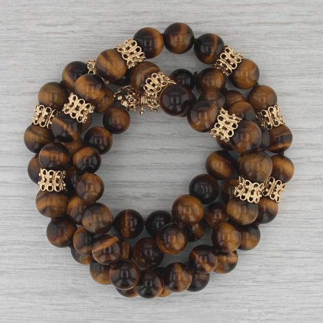 Vintage Tiger's Eye Double Strand Bead Necklace 14k Gold Statement 18" For Sale - Image 4 of 5