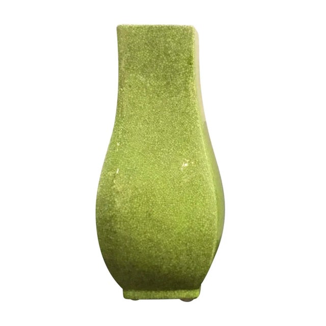 2020s Modern Chartreuse Crackle Glaze Square Vase For Sale - Image 5 of 5