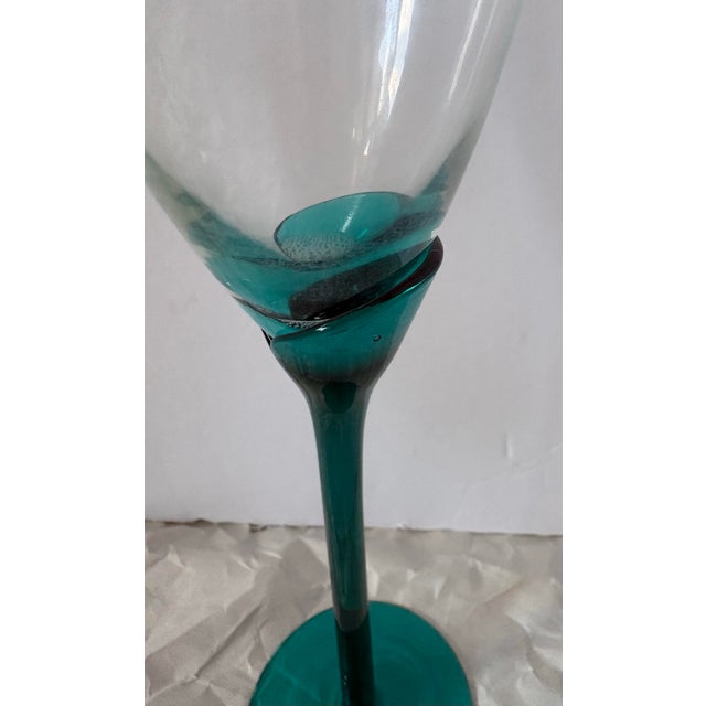 Glass Vintage Libbey Domaine Teal Green Petal Stem Tall Champagne Flutes - Pair 9.75” For Sale - Image 7 of 10