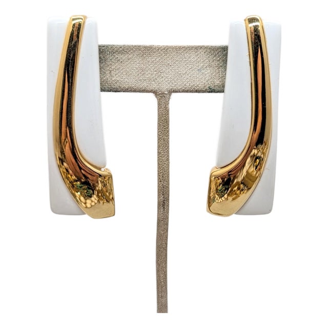 Vintage 1980s Signed Napier Modernist Goldtone & White Resin Pierced Earrings-2 Pieces For Sale