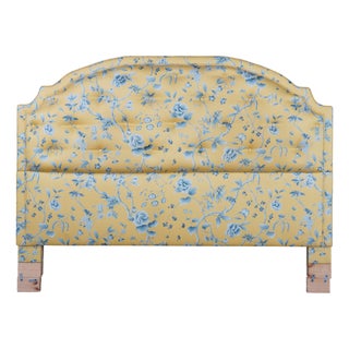 Vintage Yellow & Blue Chintz Upholstered Serpentine Tufted King Size Headboard For Sale