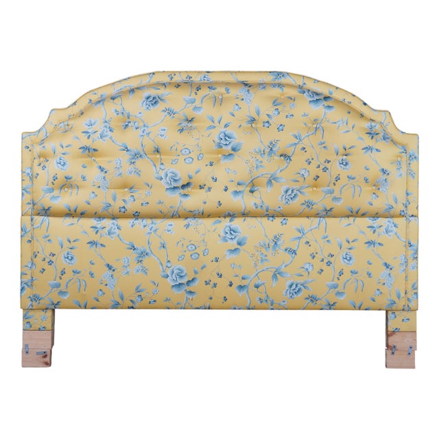 Vintage Yellow & Blue Chintz Upholstered Serpentine Tufted King Size Headboard For Sale