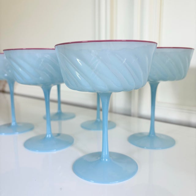Baby Blue Baby Blue Ripple Optic Swirl Coupe Champagne Coctail Glasses (Set of 6) For Sale - Image 8 of 8