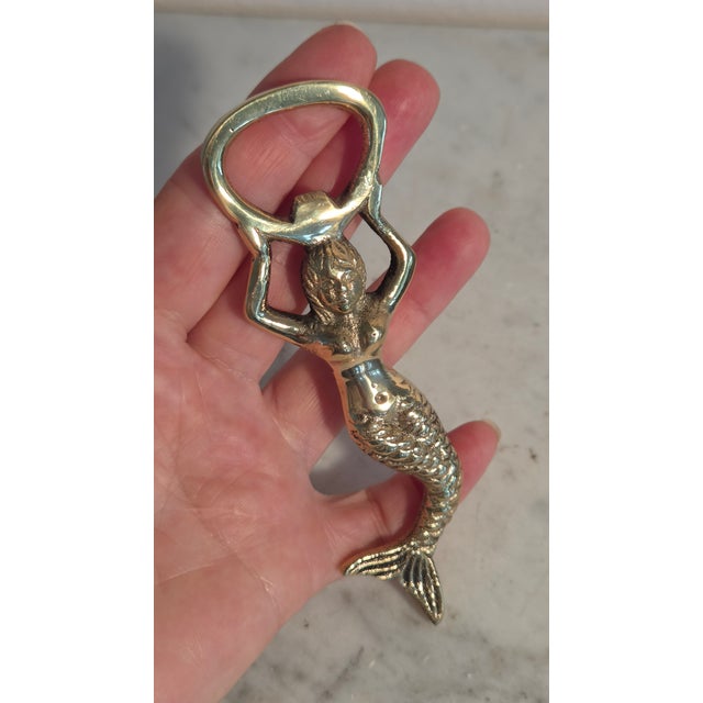Late-20th-Century Indian Solid Brass Mermaid Bottle Opener With Velvet Pouch For Sale - Image 9 of 11