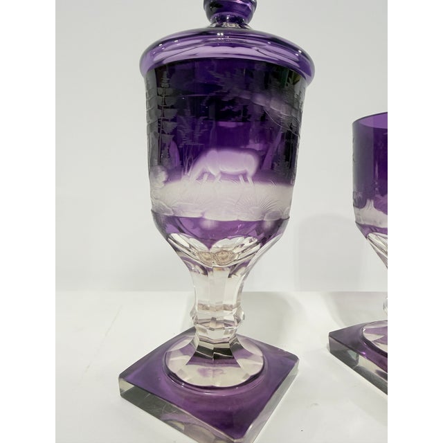 Late 19th Century Pr, Bohemian Amethyst Hunting Engraved Glass Covered Urns, Late 19th Century For Sale - Image 5 of 11