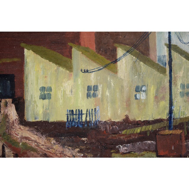 Textile Mid Century Industrial Landscape With Row Houses by Doris Lyons Hoover For Sale - Image 7 of 8