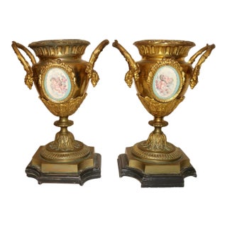 1930s Pair of Antique Ornate Gilt Bronze Porcelain Painting Urn Vase Garniture Ewer For Sale