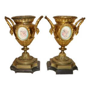 1930s Pair of Antique Ornate Gilt Bronze Porcelain Painting Urn Vase Garniture Ewer