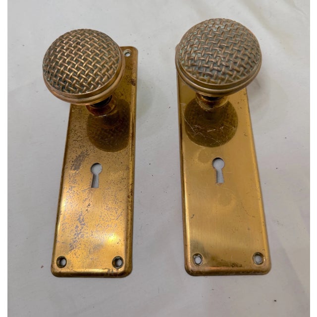 Metal Pair of Antique Gilt Bronze Brass Music Microphone Shaped Door Handles Hardware For Sale - Image 7 of 12