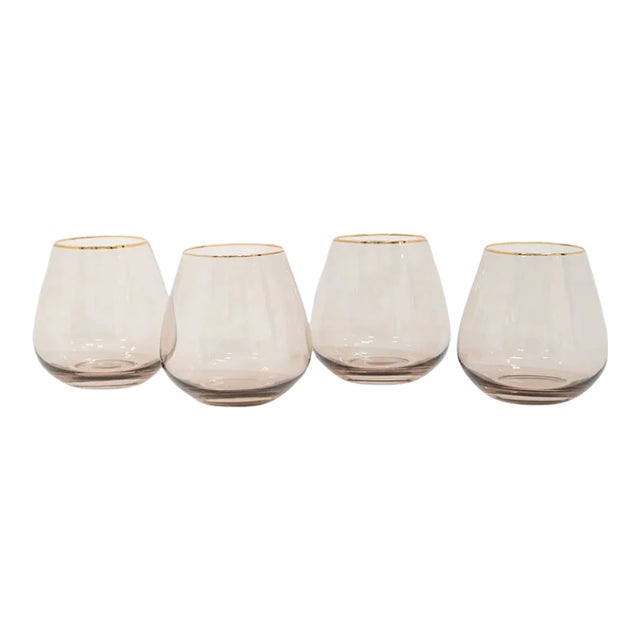 Siren Short Stemless Goblets - Fawn with Gold Rim, Set of 4 For Sale