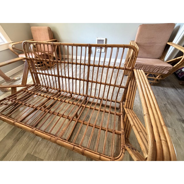 Vintage Six-Strand Square Pretzel Rattan Sofa + Pair of Lounge Chairs, Style of Paul Frankl For Sale - Image 9 of 14