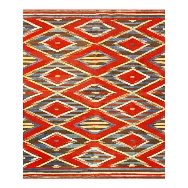 1890s Antique Rustic Red Allover Geometric Native American Navajo Flat Weave Rug For Sale