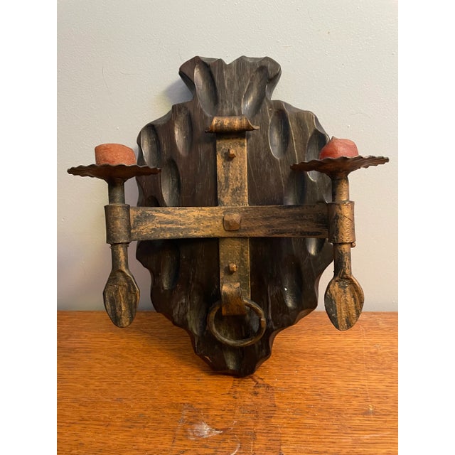 Gothic Vintage Wrought Iron and Carved Wood Wall Sconce For Sale - Image 3 of 7