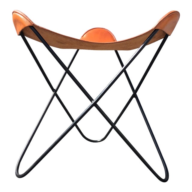 Early 21st Century Black Iron & Cognac Saddle Leather Stool For Sale