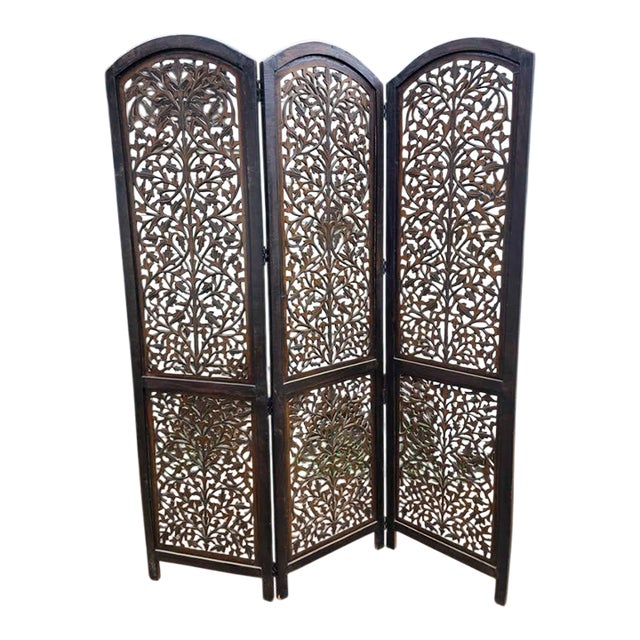 Vintage/Collectible 1970s Boho Hand-Carved 3-Panel Wooden Screen For Sale