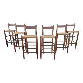 1970s Set of 6 Danish Modern Style Solid Wood Bar Stools With Woven Rush Seats For Sale