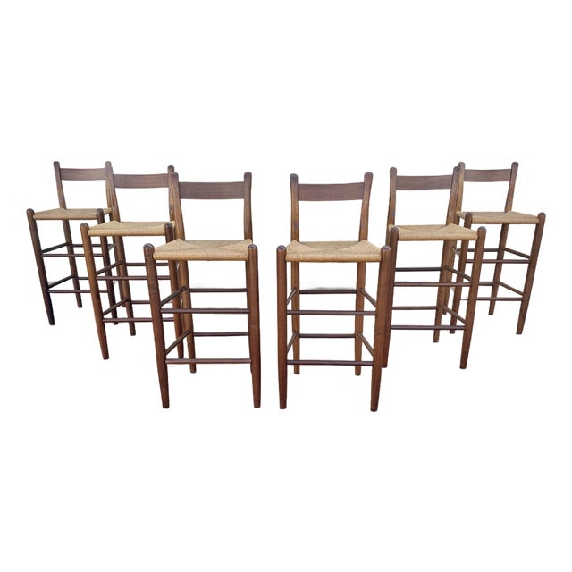 1970s Set of 6 Danish Modern Style Solid Wood Bar Stools With Woven Rush Seats For Sale