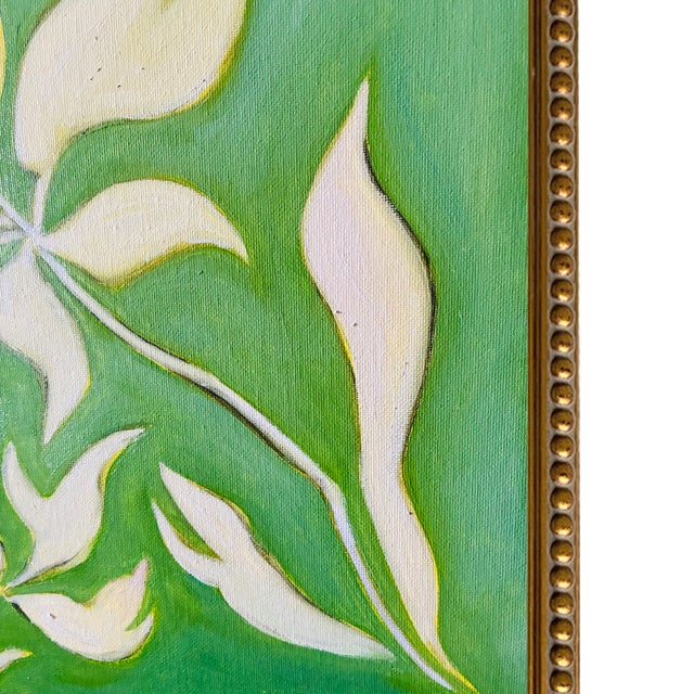 Boho Chic Original Green & Ivory Botanical Oil Painting by Tatiana Duperault, 13" Square, Gold Framed For Sale - Image 3 of 4