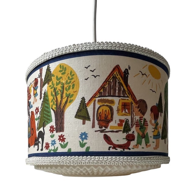 Vintage Children's Room Pendant Light with Hansel and Gretel Fabric Shade, 1970s For Sale