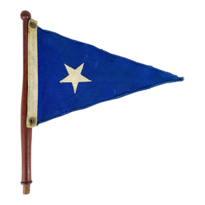 Vintage Blue & White Nautical Burgee Pennant Flag on Wooden Staff – Defiance Cotton Bunting – Coastal Maritime Decor