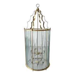 1980s Monumental 4-Foot Hollywood Regency Brass & Beveled Glass 6-Light Cylinder Foyer Chandelier For Sale