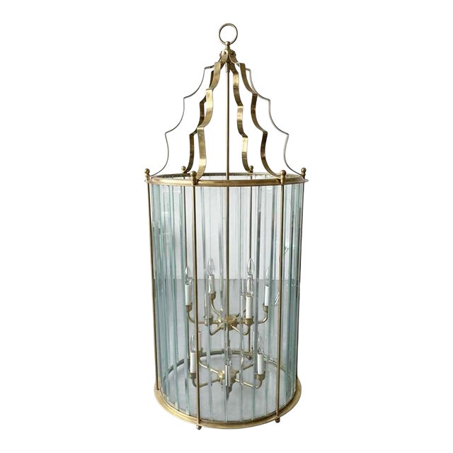 1980s Monumental 4-Foot Hollywood Regency Brass & Beveled Glass 6-Light Cylinder Foyer Chandelier For Sale