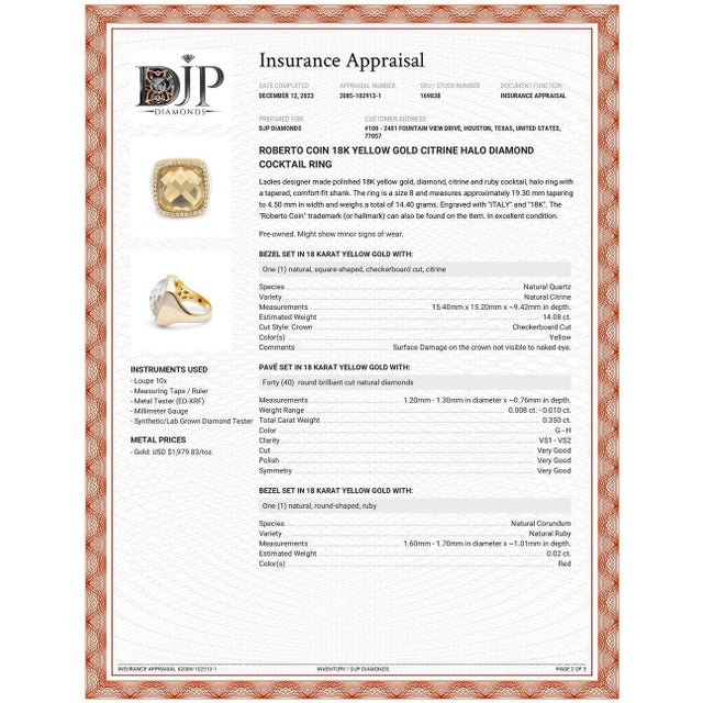 Yellow Roberto Coin 18K Yellow Gold Citrine Halo Diamond Cocktail Ring Size 8 For Sale - Image 8 of 9