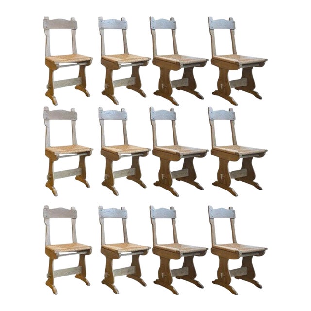 Set of 12 Oak and Rush Dining Chairs, France, 1950's For Sale