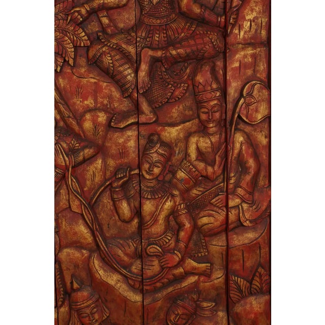Monumental Vintage Thai Hand-Carved Wood Kinnari Wall Panel, Red and Gold For Sale - Image 15 of 15