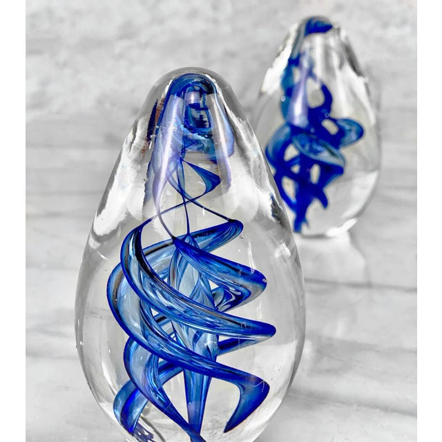 Mid-Century Hand Blown Art Glass Blue Spiraled Egg Paperweight - a Pair For Sale - Image 4 of 7
