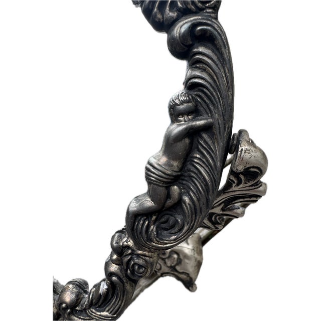 Early 20th Century Antique Silverplate Cherub Vanity Mirror With Shell Crest For Sale - Image 5 of 7