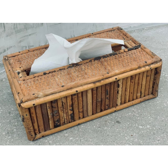 Boho Chic Vintage 1970’s 'Scorched Tortoise' Bamboo, Rattan. Wicker Tissue Box Cover in the Crespi Style For Sale - Image 3 of 12