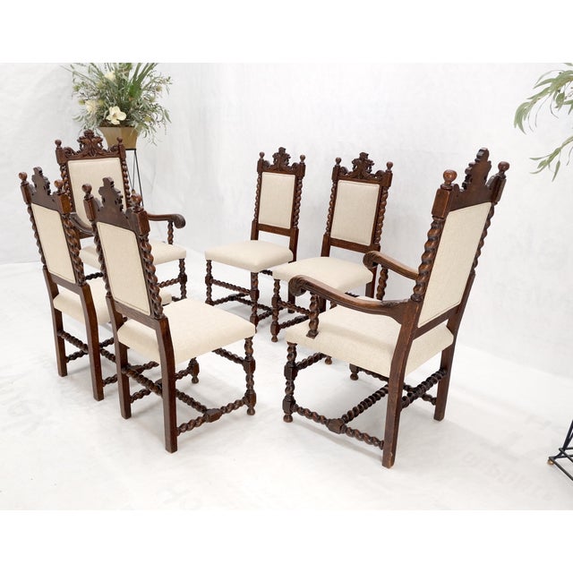 Beige 6 Fine Carved Oak Lion Heads Twisted Legs New Upholstery Jacobean Dining Chairs For Sale - Image 8 of 14