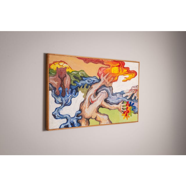 This abstract vintage painting captures a dynamic interplay of organic forms and vivid colors, evoking a sense of...