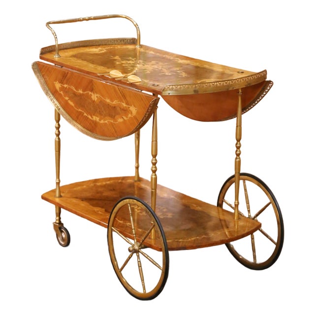 Mid-Century Italian Marquetry Bar Cart With Drop Leaves and Gilt Brass Gallery For Sale