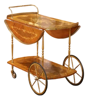 Mid-Century Italian Marquetry Bar Cart With Drop Leaves and Gilt Brass Gallery