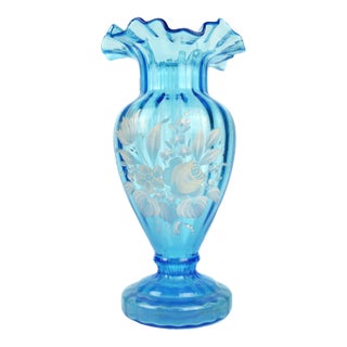 Mid 20th Century Blue Ruffled Fenton Vase For Sale