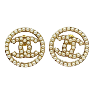 Chanel Gold CC Mini Pearl Round Piercing Earrings, A Pair