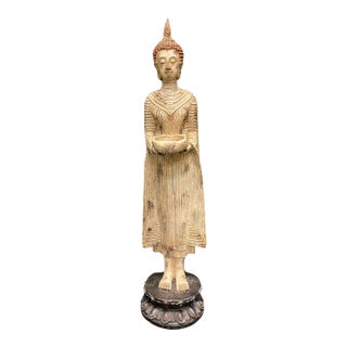 Vintage Replica of Standing Thai Buddha Statue With Offering Bowl For Sale
