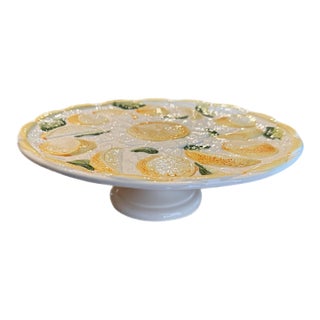 Vintage Portuguese Lemon Majolica Pedestal Cake Stand For Sale