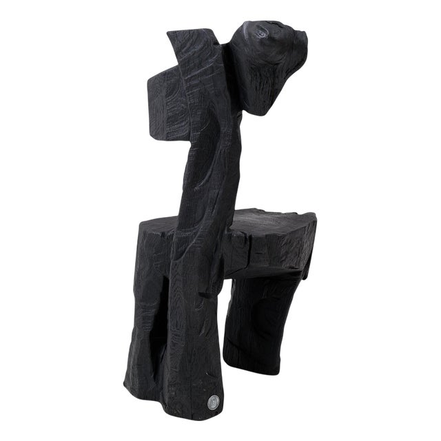 Brutalist Sculptural Stool in Carved Wood by Logniture For Sale