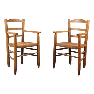 French Straw Armchairs in the style of Charlotte Perriand, 1960s For Sale