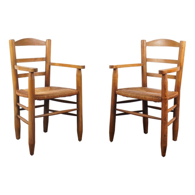 French Straw Armchairs in the style of Charlotte Perriand, 1960s For Sale