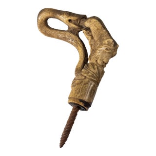 19th or 20th Century Carved Folk Art Deer Antler Cane Handle With Snake and Animal For Sale